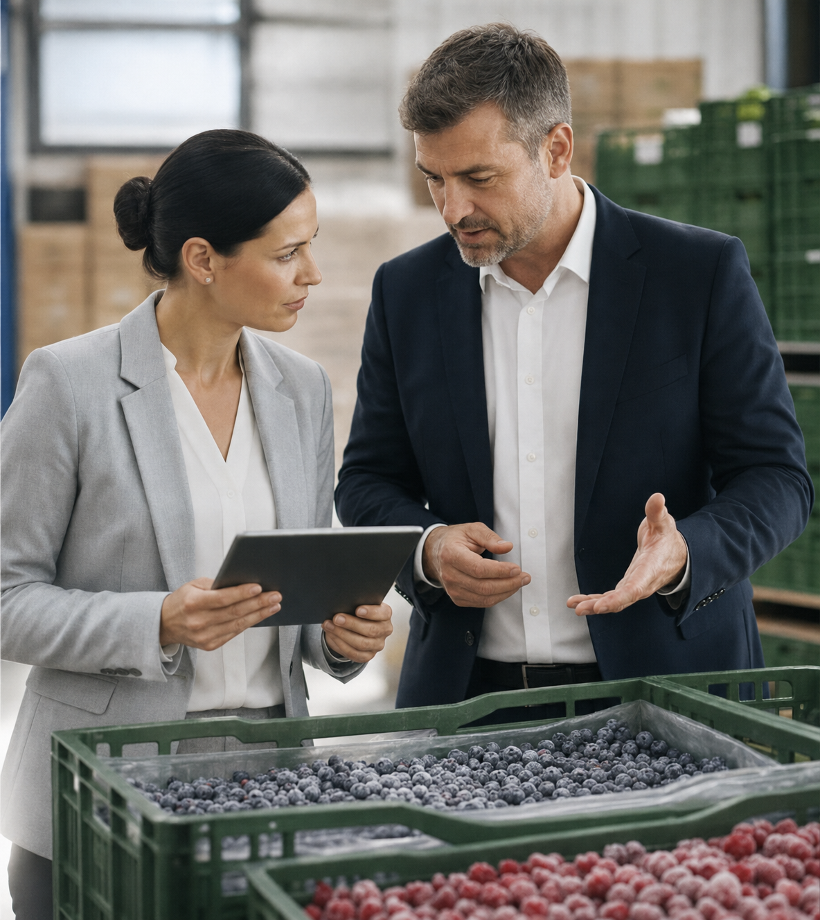 Trade professionals reviewing frozen berries during a quality inspection