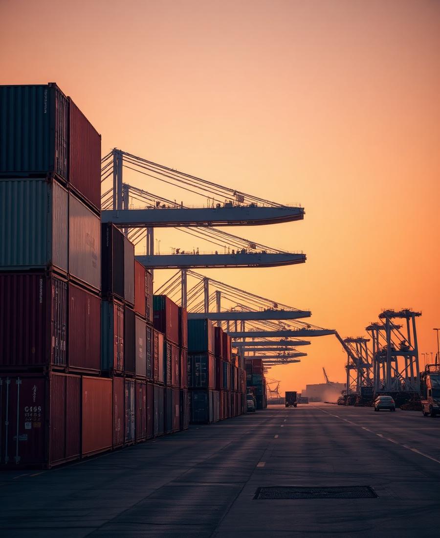 Shipping containers at an international cargo port at dawn